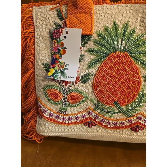 NWT America & Beyond Orange Viral Beaded Fringe Fiesta Pineapple Bag Purse - Picture 2 of 10
